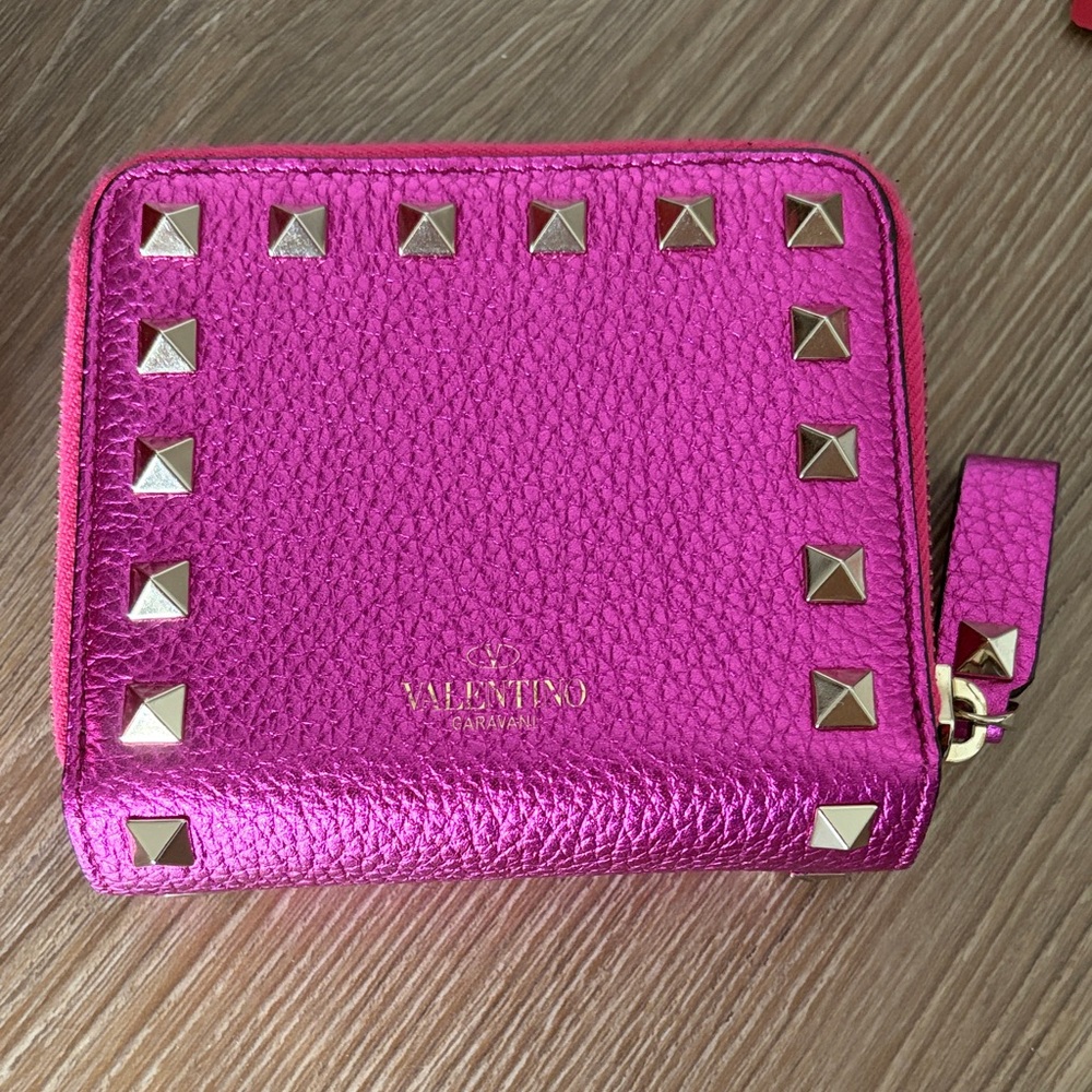 Valentino Garavani Hot Pink Studded Zip Wallet